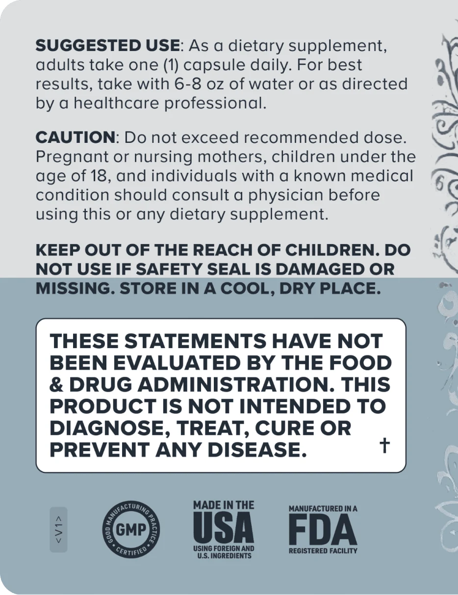 FemiCore label panel showing suggested use, caution and the FDA disclaimer