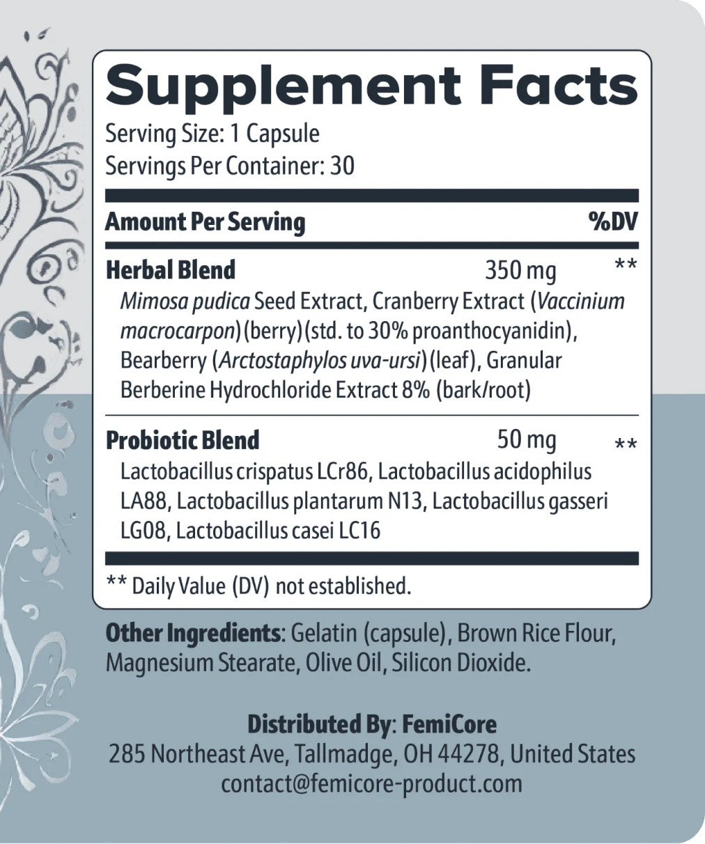 FemiCore Supplement Facts panel showing Herbal Blend 350 mg and Probiotic Blend 50 mg