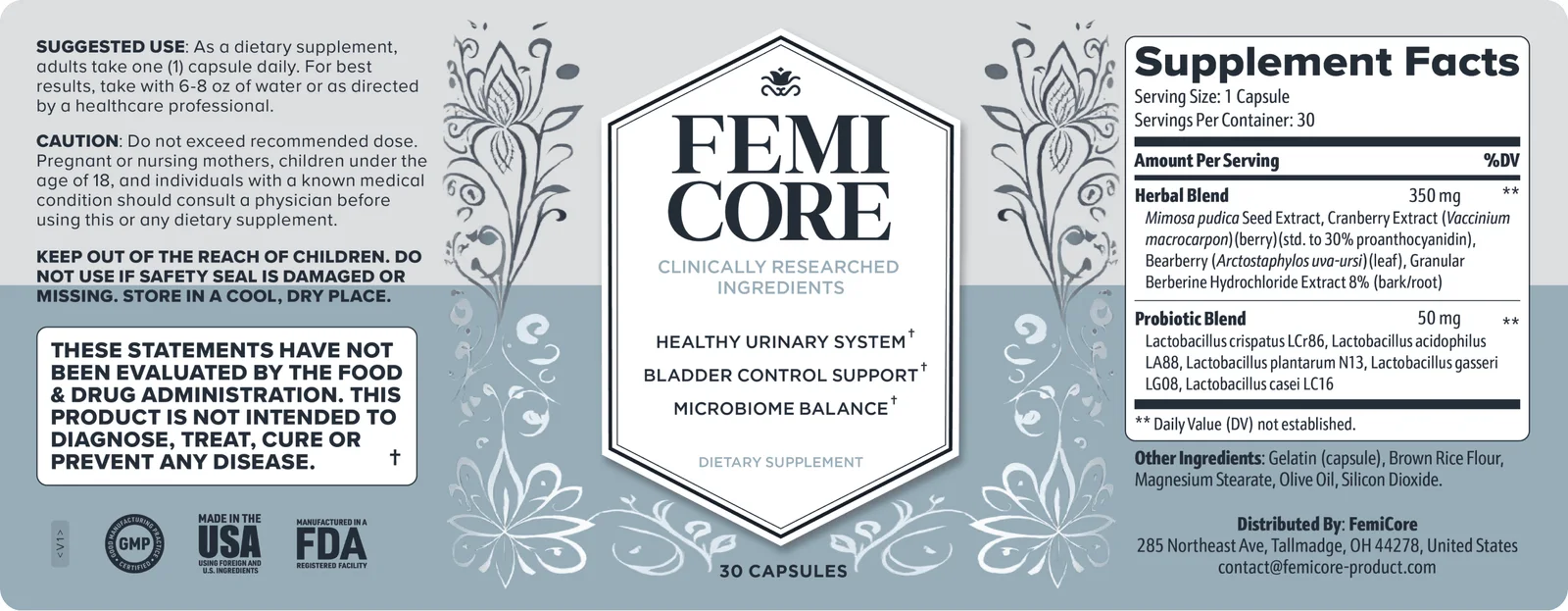 The complete FemiCore label wrapped flat, showing all panels